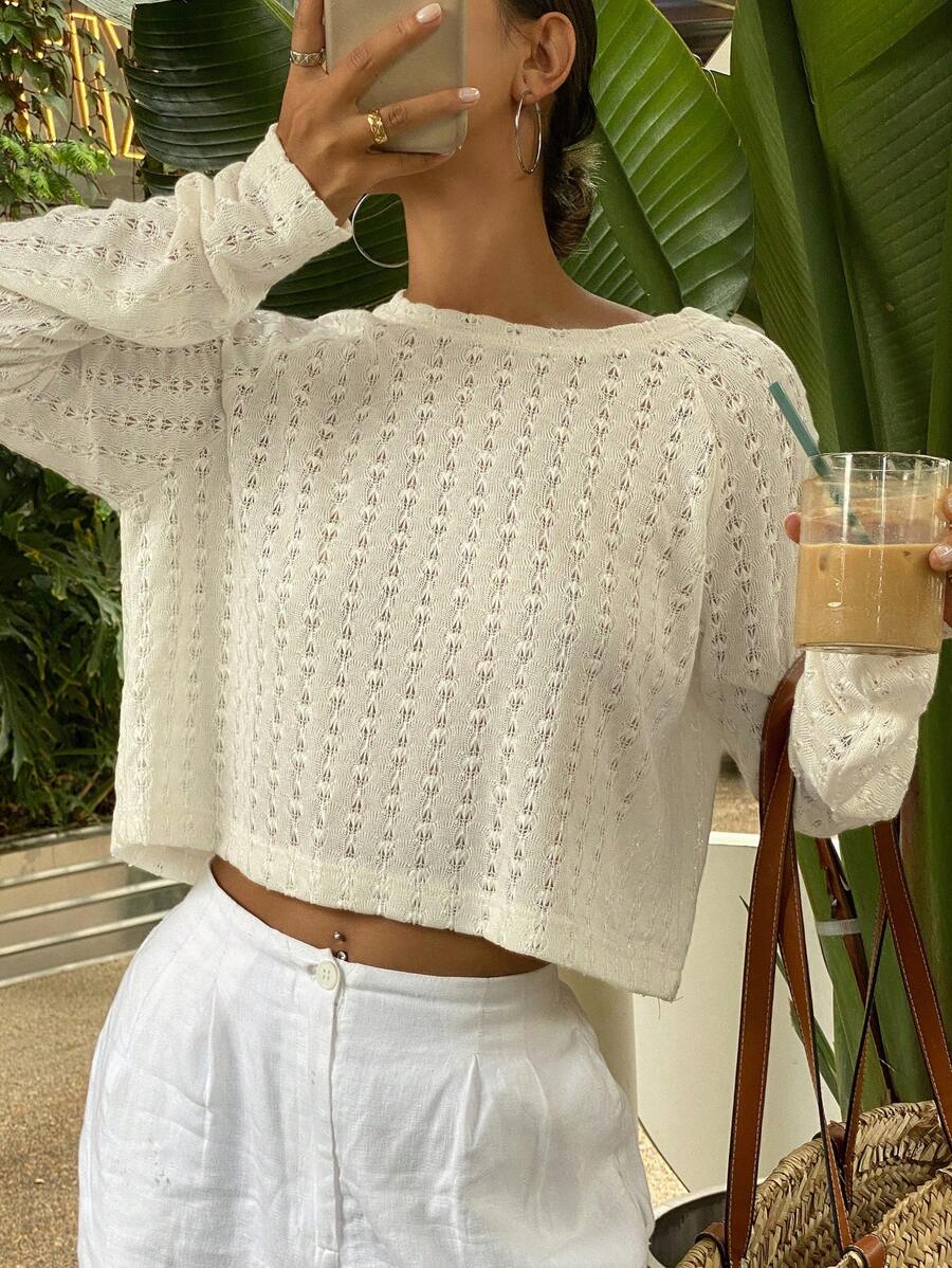 DAZY Áo thun nữ dài tay cổ tròn Jacquard rỗng - Màu be - Xem 1