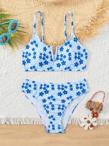 SHEIN Conjunto de biquíni floral Tween Girl férias praia Ditsy verão praia