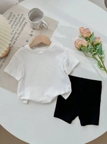 SHEIN Leap Crew 女婴休闲简约字母笑脸图案短袖两件套，适合春夏穿着，95%棉