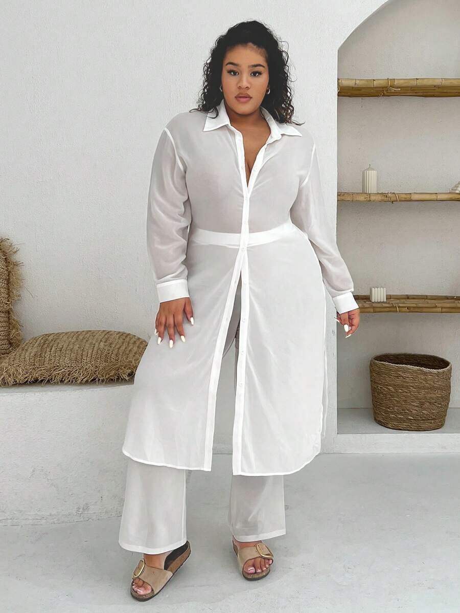 SHEIN SXY Plus Size Ultra-Long Sun Protection Shirt For Summer - White - View 1