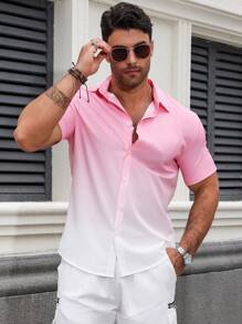 Manfinity RSRT Men's Summer Ombre Short Sleeve Casual Shirt (Asymmetric Cut), For Husband, Beach, Going Out