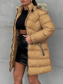 SHEIN Cottnline 女式帶拉鍊和毛茸細節的帽兜羽絨外套 - 芥末黃 - 查看 6