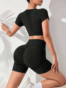 Easithlete Summer Solid Color Round Neck Short Sleeve Top & High Waisted Seamless Shorts Sports Set Workout Women Setwomen Workout Set - Black - View 1