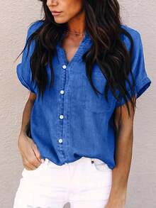 Solid Color Button-Front Casual Short Sleeve Shirt With Pocket - Blue - View 4