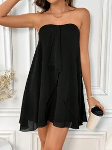SHEIN Clasi 夏季無肩涼爽A字短裙 - 黑色 - 查看 3