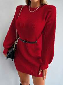 EURMUSE Solid Drop Shoulder Sweater Dress Without Belt - Burgundy - View 6