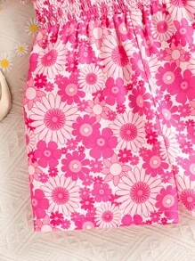 SHEIN Young Girl Cute Casual Round Neck Ruffle Sleeve Ruched Flower Pattern Jumpsuit - Hot Pink - View 5