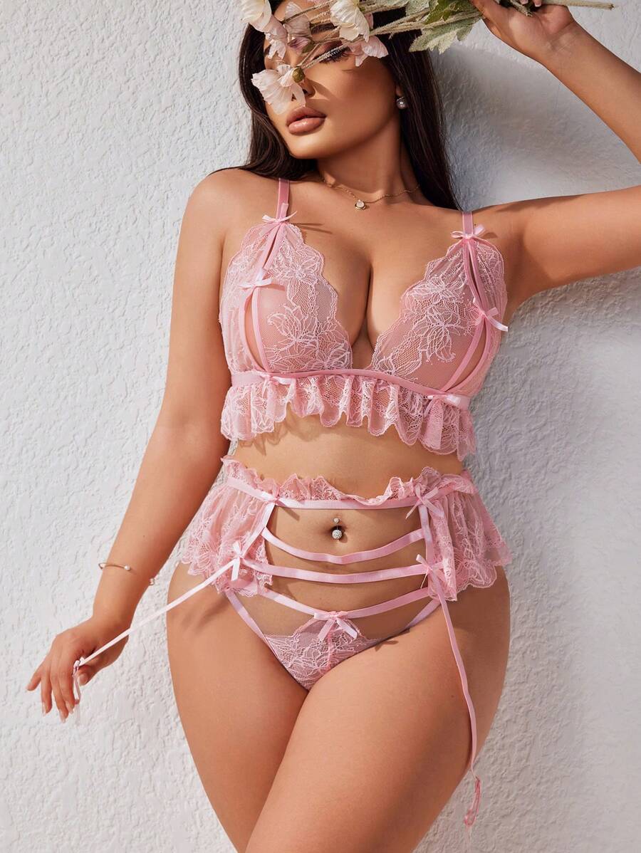 SHEIN 大尺碼單色花邊蝴蝶結裝飾性感女睡衣 - 粉色 - 查看 1