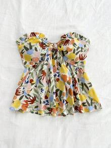 Soleia 夏季度假休闲杏色&蓝黄色水果结胸围荷叶边褶饰后背抽褶抹胸 - 彩色 - 查看 5