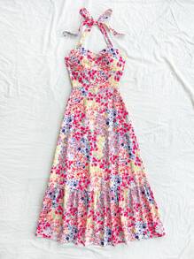 Soleia Vestito estivo da donna in stile vacanziero, con stampe floreali colorate ditsy, vita raccolta davanti e nodo annodato dietro al collo, balze sul fondo, adatto per matrimoni, lauree e altri eventi, carino per pranzi - Multicolore - Visualizzare 5