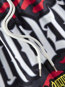 ROMWE MEN Street Life 男士印花拼接束口腰休閒短褲，夏季 - 酒紅色 - 查看 3