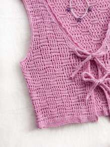 Soleia WYWH Women's Peach-Pink Knitted Vest With Tie, Front-Open Mohair Vest For Vacation