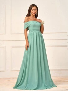 SHEIN Belle 優雅草綠色雪紡質地露肩連衣裙，前疊褶領口，後蝴蝶結，適合婚禮季、婚禮活動、正式伴娘禮服 - 綠色 - 查看 7