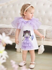 SHEIN Summer Baby Girl Cute Cartoon Patchwork Organza Ruffle Sleeveless Dress - Multicolor - View 4