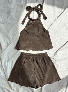 SHEIN Unity Women's Lettuce Edged Halter Top And Shorts Set For Summer - Coffee Brown - View 3