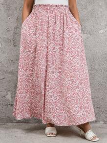 SHEIN Clasi Summer Plus Size Pink Intensive Printed Skirt With Flowy Hem, Cool And Comfortable - Multicolor - View 6