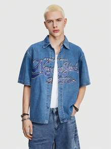 ROMWE MEN Prep Men's New York Printed Drop Shoulder Denim Shirt - Blue - View 1