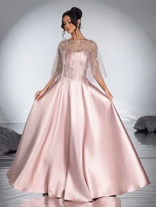 Elegant And Classy Ladies' New High-End Sequin Mesh Shawl With Spaghetti Strap A-Line Evening Dress - Rose Gold - View 7