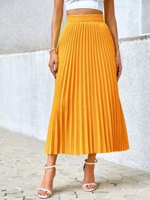 SHEIN Privé Women's Simple Solid Color Everyday Pleated Skirt - Orange - View 4