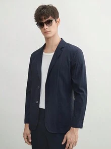 AKNOTIC Business Casual Áo khoác blazer dệt kiểu dáng cổ điển Easy Care cho nam, áo khoác có vai không đệm, dáng rộng, phù hợp với phong cách thường ngày, dành cho mùa hè - Màu xanh hải quân - Xem 5