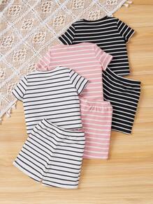 SHEIN Baby Girls' Casual Knitted Striped Short Sleeve Homewear Set - Multicolor - View 2