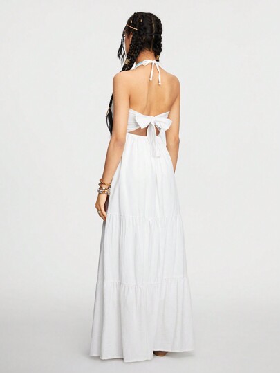 Fairycore Robe longue d'A-ligne pour femmes, sexy, vintage, de vacances à la plage, avec nœud papillon ras-du-cou dos nu