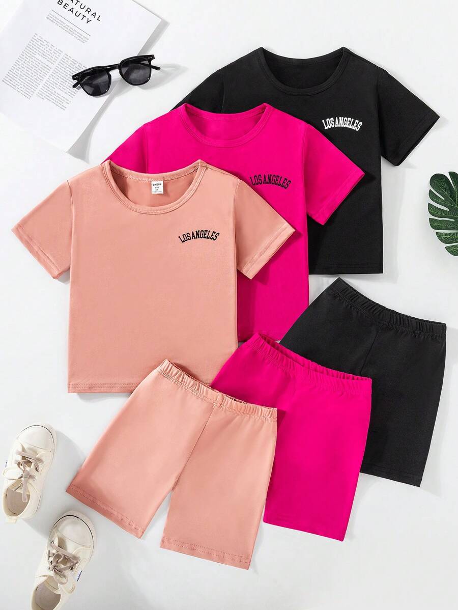SHEIN Young Girl Solid Color Short Sleeve T-Shirt And Shorts 3-Color Casual Set, Summer - Multicolor - View 1