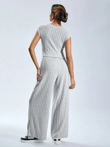 SHEIN 少女浅灰色罗纹针织面料短款上衣和阔腿裤基本款服装套装 - 灰色 - 查看 2