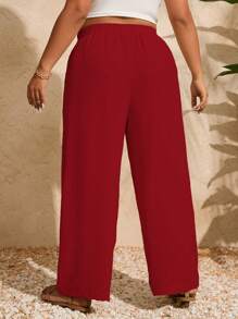 SHEIN Holidaya Plus Size Solid Color Knotted Belt Pocketed Casual Pants Fall Cloth For Women - Red - View 2