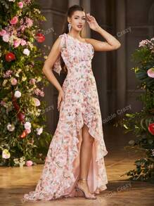 Double Crazy Robe à col asymétrique avec nœud, imprimé floral élégant, ourlet à volants. Convient pour les concerts, les fêtes, les vacances, les mariages, les soirées, les événements formels.