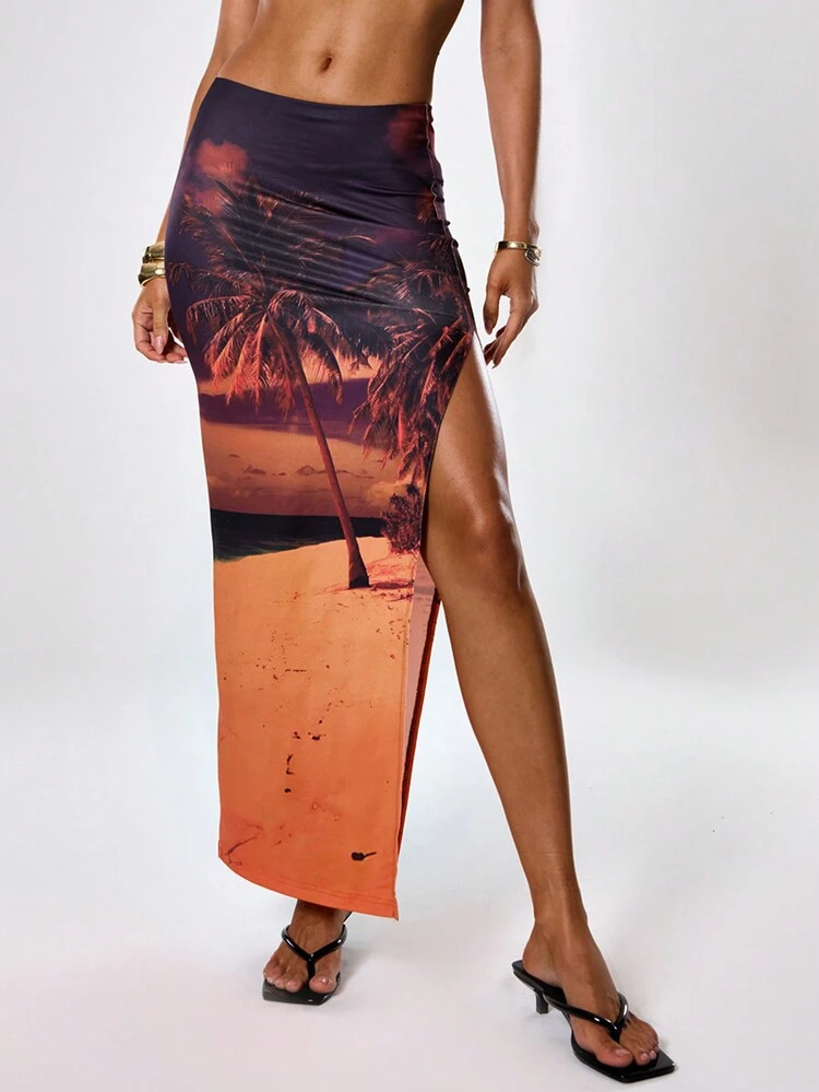 Holiday Beach Scenery Print High Split Maxi Skirt Boho Summer Cute Party Vacation