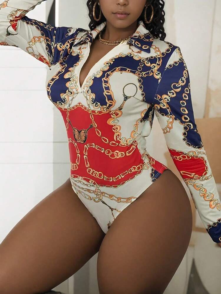Women's Chain Printed Long Sleeve Shirt Bodysuit Fall Cloth For Women