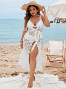 SHEIN Swim Curve Plus Size Women's Solid Color Hollow Out Sleeveless Long Kimono For Beach Vacation,Summer Beach - White - View 3