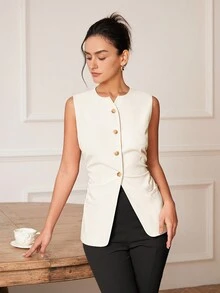 女式无袖短款商务休闲背心，合身优雅的复古风格设计，春夏 - 白色 - 查看 6