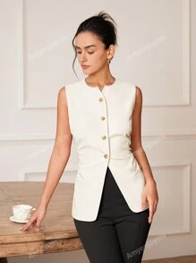 Chaleco de mujer sin mangas acortado para uso casual en la oficina, con diseño elegante y ceñido al estilo "Old Money", para primavera/verano