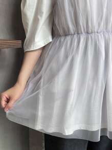FRIFUL Women's Fashionable Summer Loose Mesh Splicing T-Shirt,Ruffle School - Grey - View 5