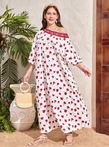 SHEIN 少女白底紅色印花寬腿度假裙配紅色編織腰帶，寬鬆不對稱領口 - 彩色 - 查看 6