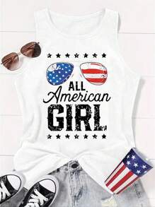 SHEIN LUNE Camiseta sin mangas de moda para mujeres con estampado de bandera americana