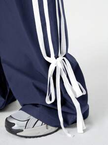 Coolane Pantalones largos de mujer informales con bloqueo de color, borde y cinturón de lazo, primavera/verano