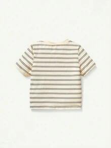Cozy Pixies Conjunto de atuendo de 3 piezas para bebé niño con patrón de rayas y unicolor, media cremallera con cuello redondo y camiseta de manga corta - Azul - Ver 2