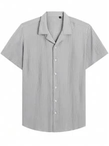 Men's Casual Short Sleeve Shirt, Button-Down Cuban Collar Vacation Shirt, Fashion Textured Summer Beach Shirt - Light Grey - View 5