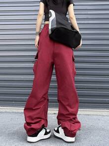 Pantalon casual à cordon de serrage avec design de poche vintage pour femmes - Rouge - Voir 2