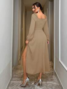 EURMUSE Sweetheart Neck Lantern Sleeve Split Thigh Dress - Khaki - View 2