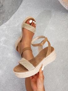 Alpargatas de estilo de playa para mujer con trenzado de cuerda, suela gruesa, tacón de cuña de lona y correa en el tobillo - Albaricoque - Ver 2
