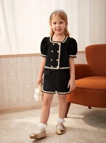 SHEIN 2pcs/Set Young Girl Puff Sleeve Top With Decorative Tape & Double Breasted Buttons, And Decorative Tape Shorts, Suitable For Parties, Summer