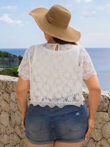 SHEIN Frenchy Plus Size Lace Short Sleeve Vacation Women's Crop Top - White - View 3