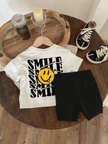 SHEIN Leap Crew 女婴休闲简约字母笑脸图案短袖两件套，适合春夏穿着，95%棉