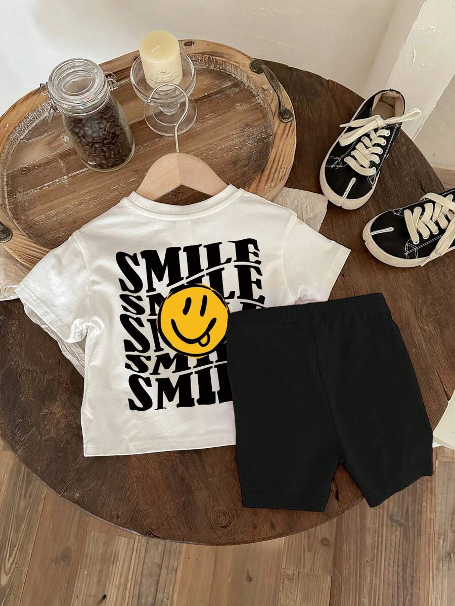SHEIN Leap Crew 女婴休闲简约字母笑脸图案短袖两件套，适合春夏穿着，95%棉