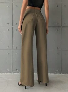 EURMUSE 毛邊闊腿牛仔褲 - 軍綠色 - 查看 2