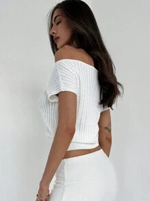 Aloruh Elegant White Women's T-Shirt With Textured Summer Knit And Bodycon Silhouette, Can Be Worn Two Ways,Off The Shoulder Sweater - White - View 7